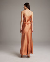 Back view of Liquid Silk Slipdress in terracotta color