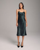 Emerald green midi slip dress with spaghetti straps