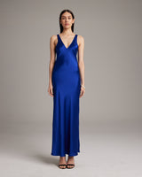 Double V Slip Dress in Sapphire, sandwashed silk, model wearing dress