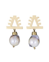 Gold earrings with baroque pearls and Mapuche symbol design