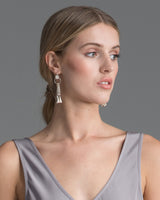 Model wearing chandelier earrings, showcasing their design and length.