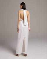 Back view of a bridal convertible halter dress with a dramatic wrap sash