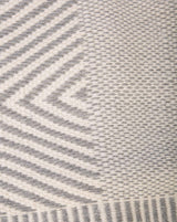 Close-up of a chevron-patterned scarf in ivory and gray