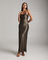 Model wearing a Liquid Silk Slipdress in sage color