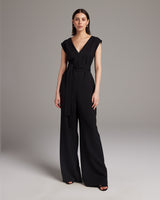 Black V Neck Jumpsuit with wide legs and a belt