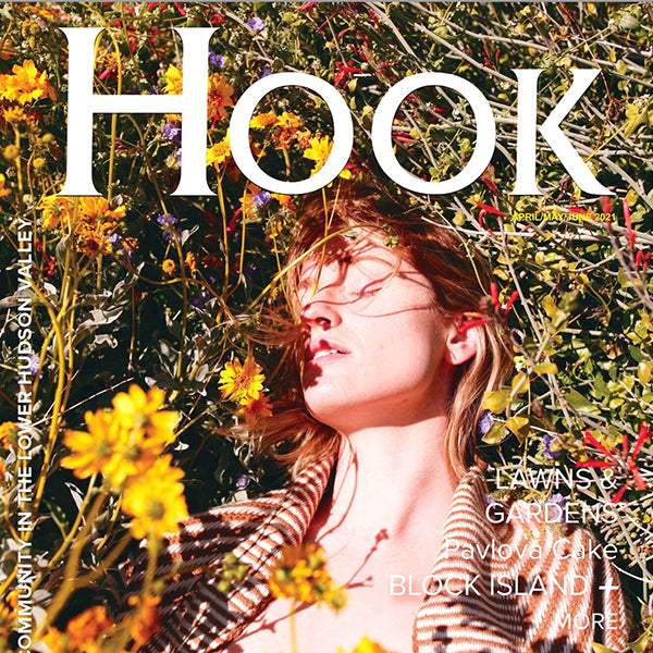 Magazine cover of 'Hook' featuring a woman among flowers, with text: 'LAWN & GARDENS, Pavlova Cake, BLOCK ISLAND + MORE'