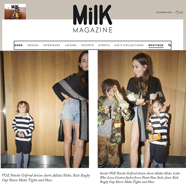 Milk Magazine cover featuring models in VOZ Poncho Giffard denim shorts and Adidas slides, with text: 'Milk MAGAZINE' and 'Kid's Collections Boutique.'
