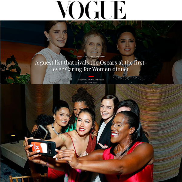 A group of women at the Caring for Women dinner, with 'VOGUE' at the top and event details below.