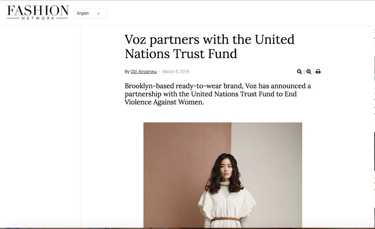Model wearing Voz clothing, showcasing a partnership with the United Nations Trust Fund.