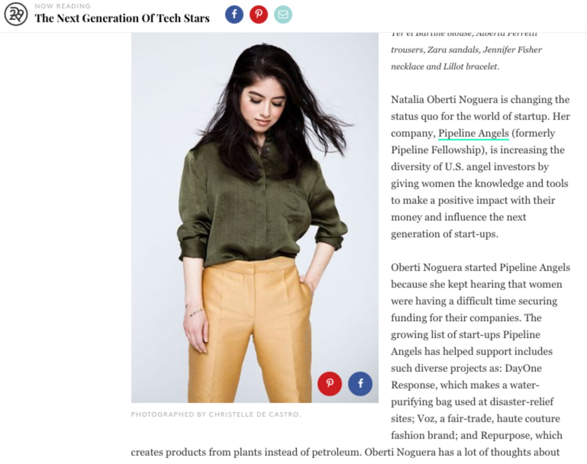 Natalia Oberti Noguera wearing a green blouse and tan pants, promoting her work with Pipeline Angels.