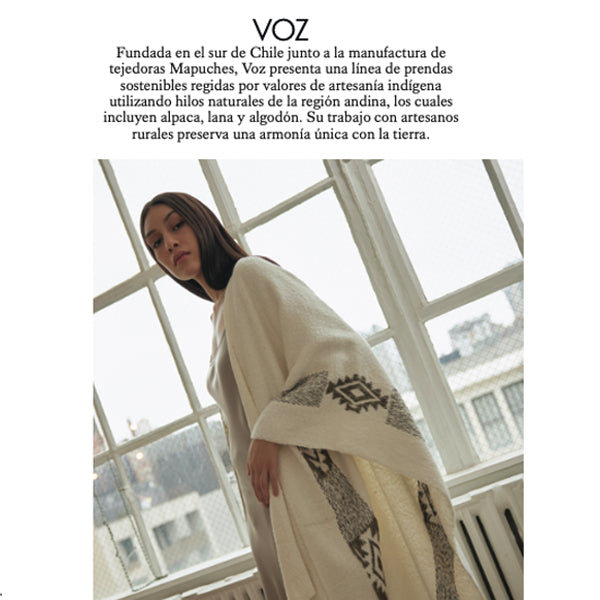Woman wearing a Voz garment with Mapuche designs, text above reads 'VOZ'.
