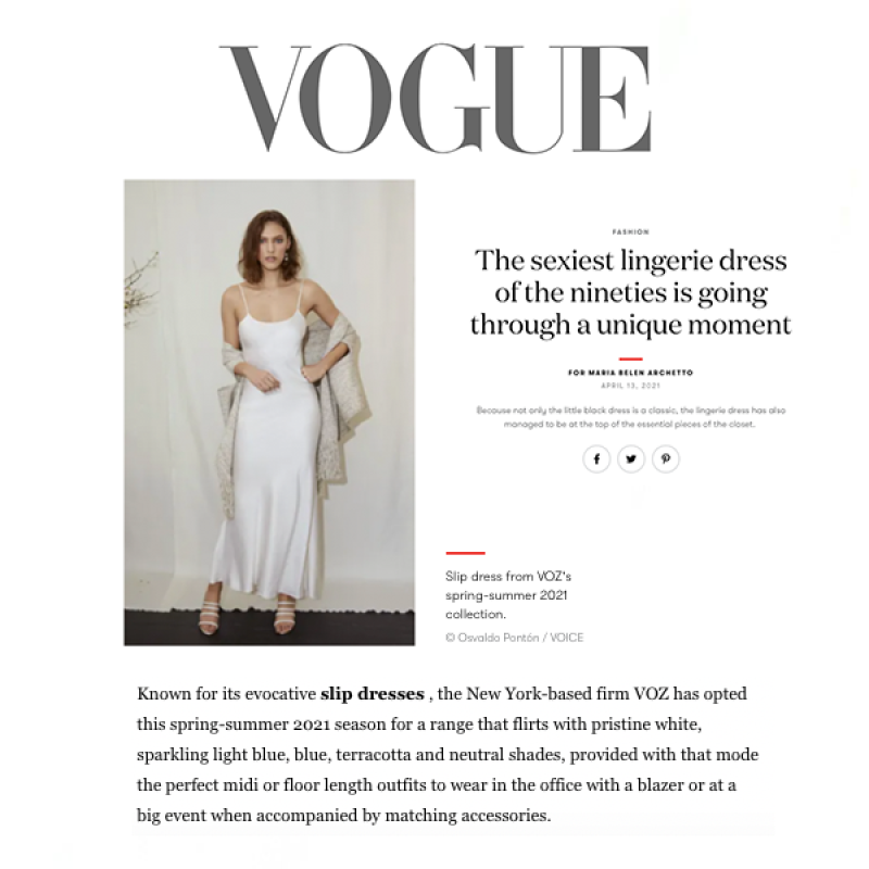 Model wearing a white slip dress from VOZ's spring-summer 2021 collection.