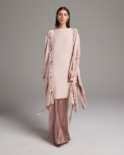 Model wearing Lace Fringe Manta with fringe details