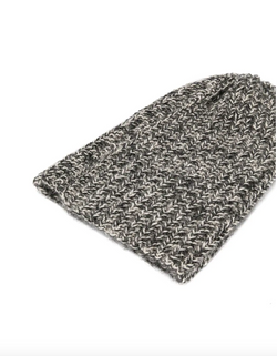 Hand-knit two-tone beanie in grey and ivory, showcasing a textured pattern.